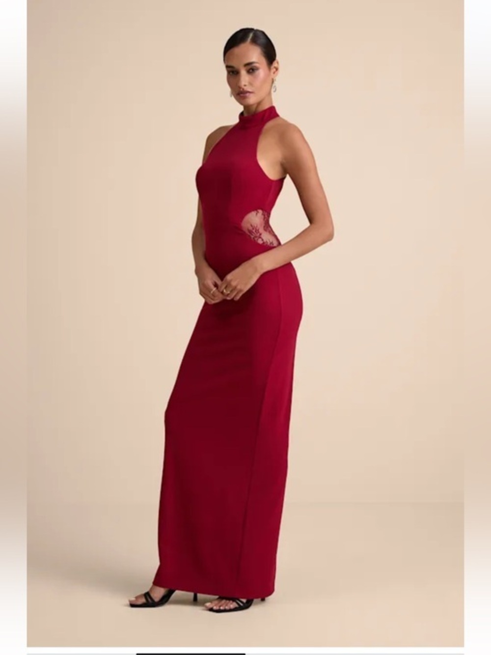 NWT Lulus Vira Red Mock Neck Lace Cutout Maxi Dress